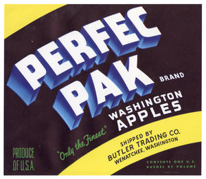 Vintage, Unused PERFEC PAK Brand Apple Fruit Crate Label || Wenatchee, Washington