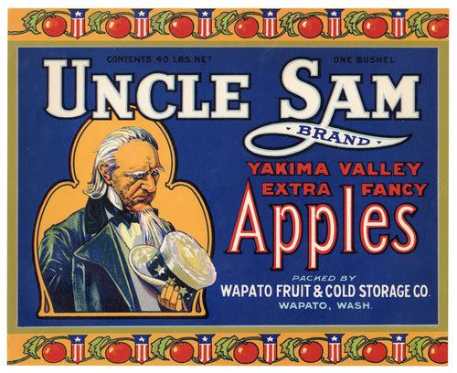 Vintage, Unused UNCLE SAM Brand Apple, Fruit Crate Label || Wapato, Washington