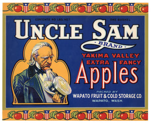 Vintage, Unused UNCLE SAM Brand Apple, Fruit Crate Label || Wapato, Washington