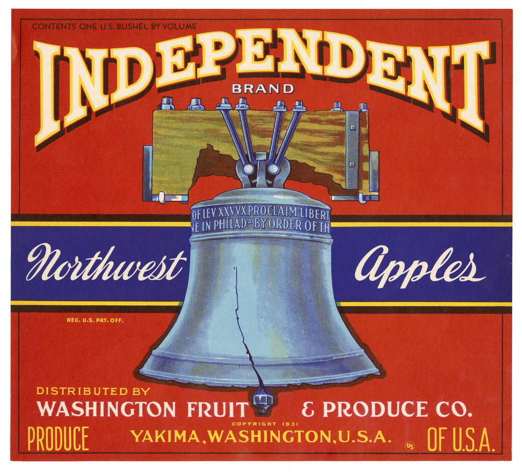 Vintage, Unused INDEPENDENT Brand Apple Crate Label, Liberty Bell || Yakima, Washington