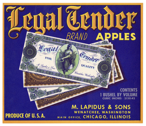 Vintage, Unused LEGAL TENDER Apple Fruit Crate Label || Wenatchee, Washington