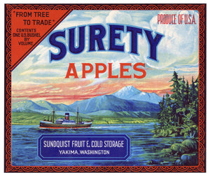 Vintage, Unused SURETY Apple Fruit Crate Label || Yakima, Washington