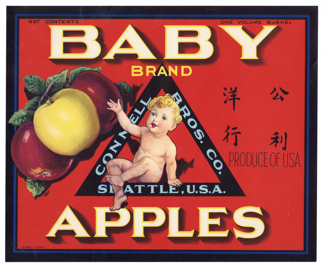  Vintage, Unused BABY Brand Apple Fruit Crate Label || Seattle, Washington