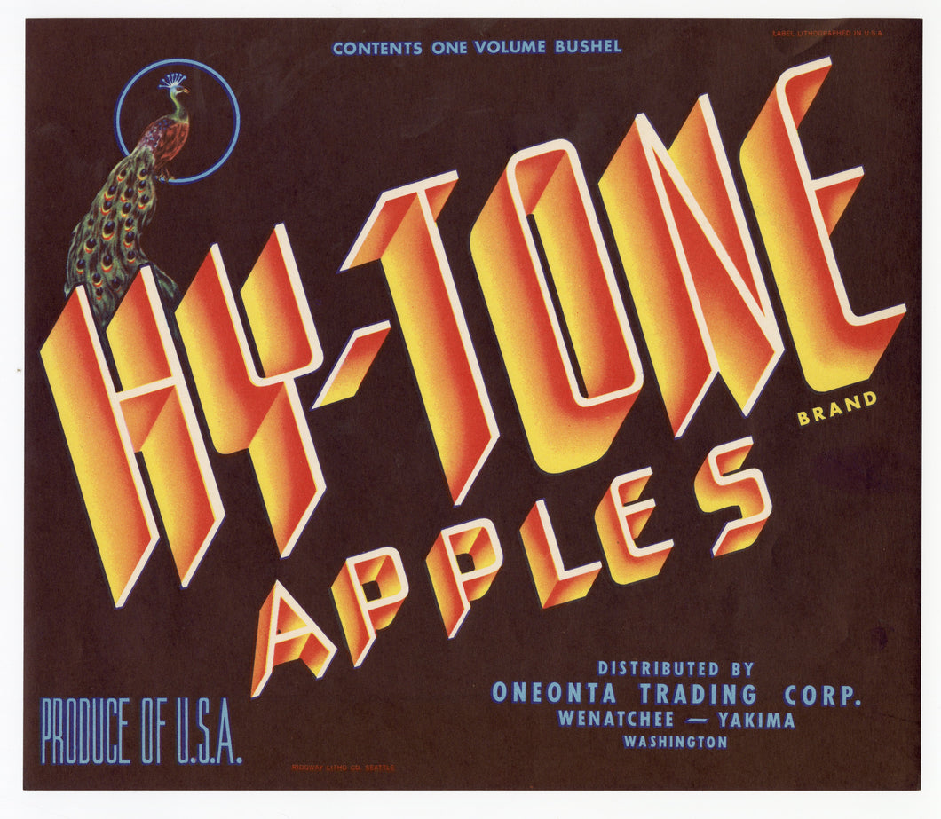 Vintage, Unused HY-TONE Apple Fruit Crate Label, Peacock || Yakima, Washington