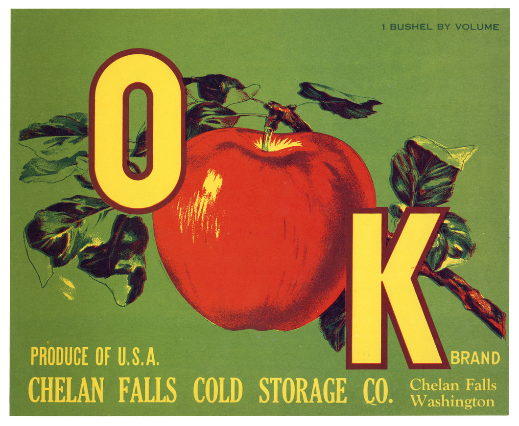 Vintage, Unused OAK Brand Apple Fruit Crate Label || Chelan Falls, Washington