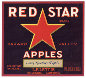 Vintage, Unused RED STAR Brand Apple Fruit Crate Label || Watsonville, Ca.