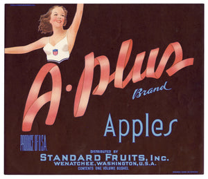 Vintage, Unused A-PLUS Brand Apple Fruit Crate Label || Wenatchee, Washington