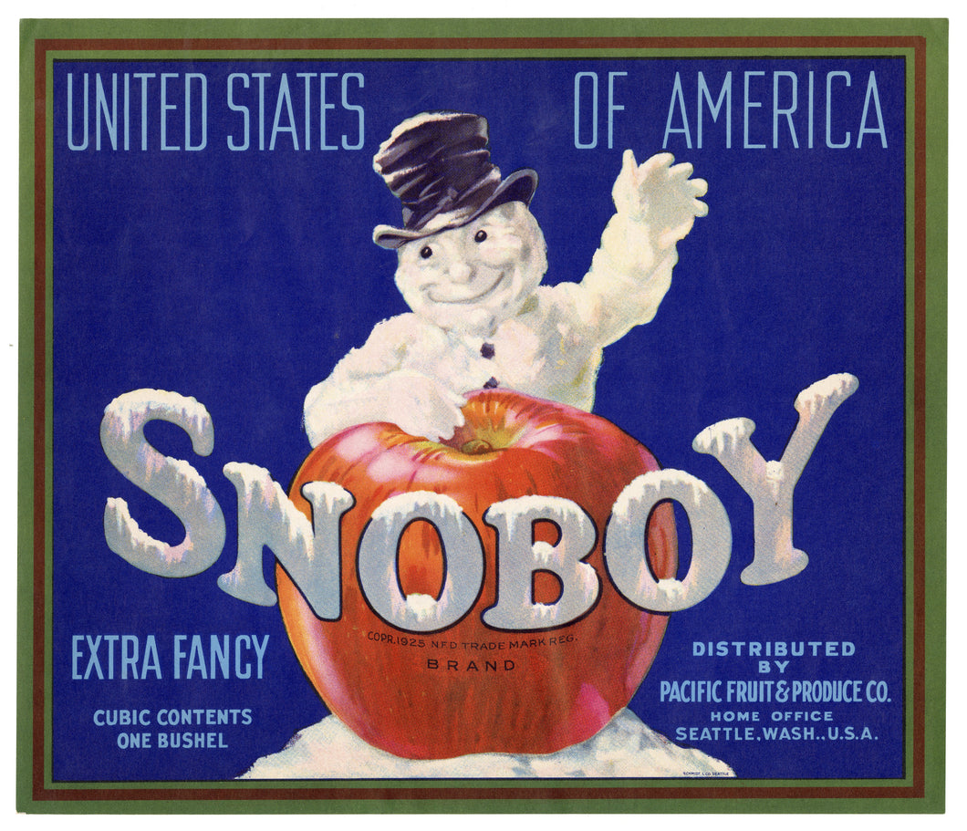 Vintage, Unused SNOBOY Apple Fruit Crate Label, Snowman || Seattle, Washington