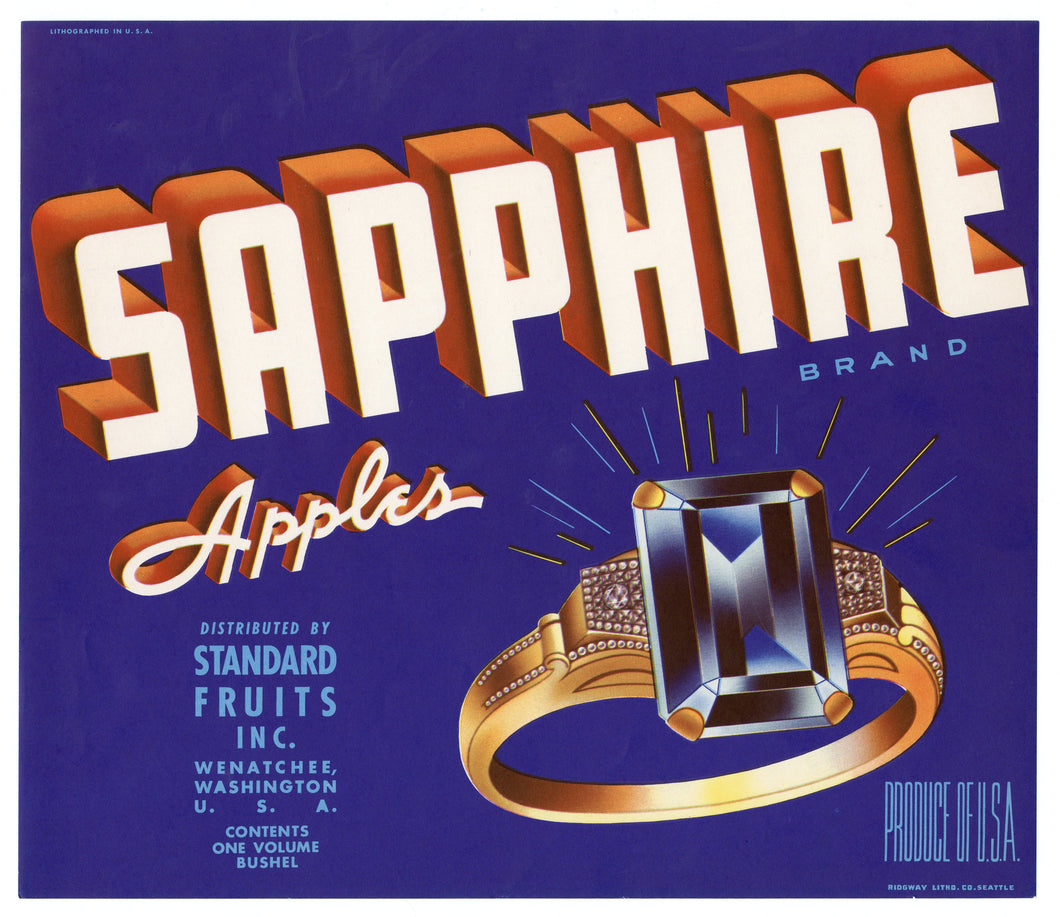 Vintage, Unused SAPPHIRE Brand Apple Fruit Crate Label || Wenatchee, Washington