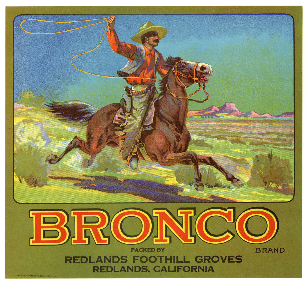 Vintage, Unused BRONCO Brand Apple Fruit Crate Label, Cowboy || Redlands, Ca.