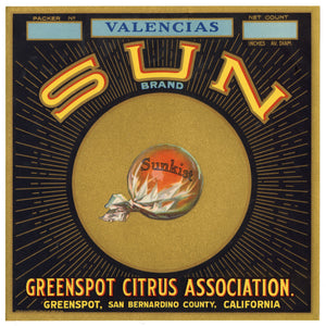 Vintage, Unused SUN Brand Orange Fruit Crate Label || Greenspot, San Bernardino, Ca.