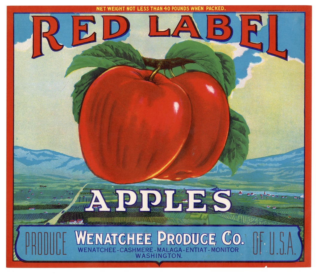 Vintage, Unused RED LABEL Brand Apple Crate Label || Wentachee, Washington