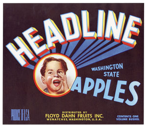 Vintage, Unused HEADLINE Brand Apple Crate Label || Wenatchee, Washington