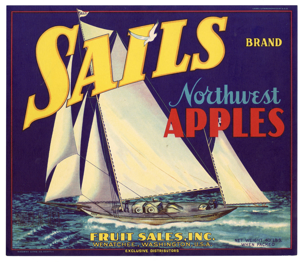 Vintage, Unused SAILS Brand Northwest Apple, Fruit Crate Label || Wenatchee, Washington