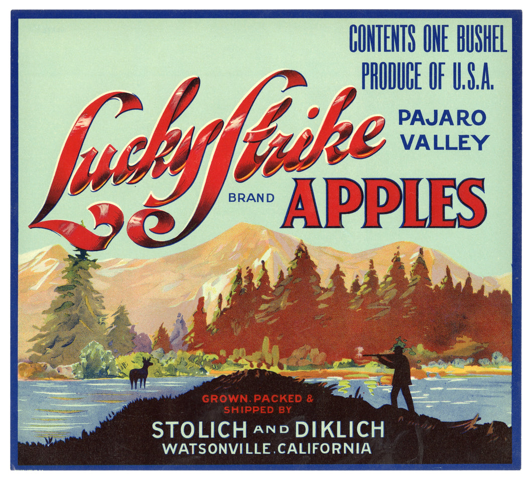 Vintage, Unused LUCKY STRIKE Brand Apple, Fruit Crate Label, Hunter, Deer || Watsonville, Ca.