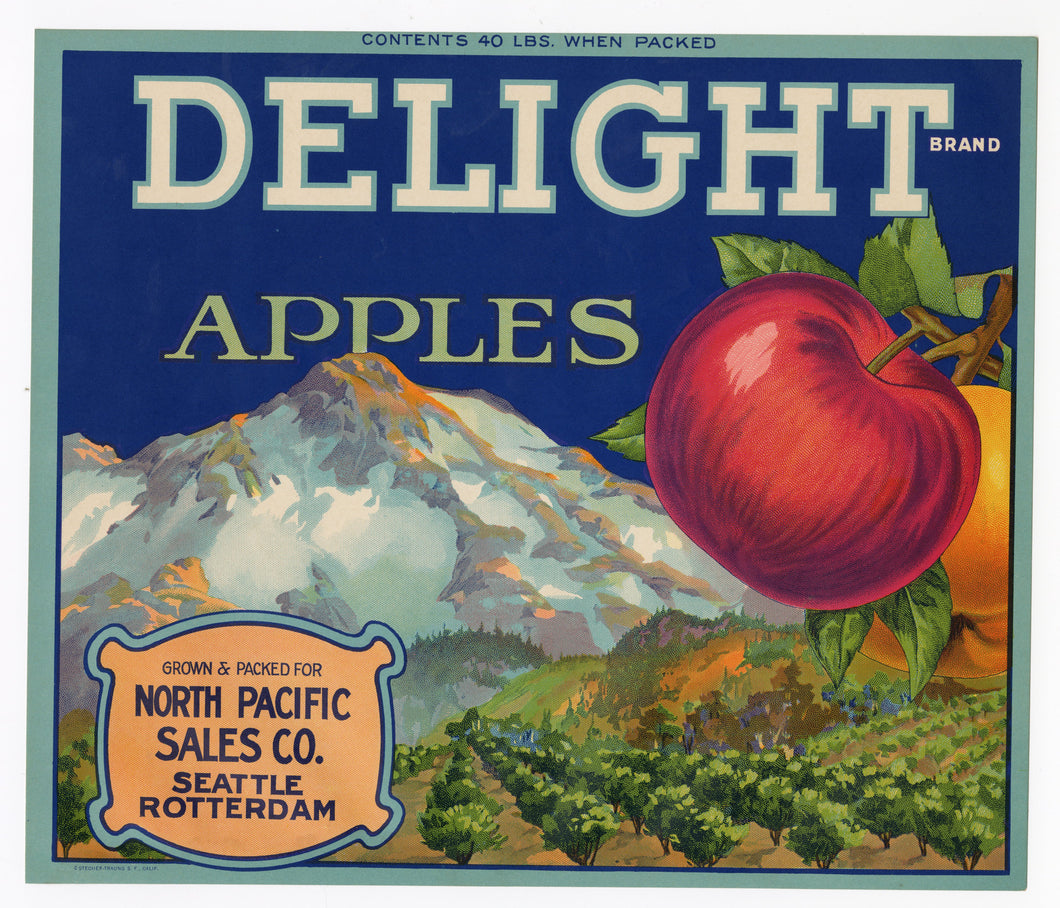 Vintage, Unused DELIGHT Brand Apple, Fruit Crate Label || Seattle, Rotterdam, 