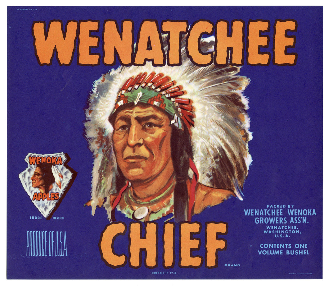Vintage, Unused WENATCHEE CHIEF Brand Apple, Fruit Crate Label, Native American || Wenatchee, Washington