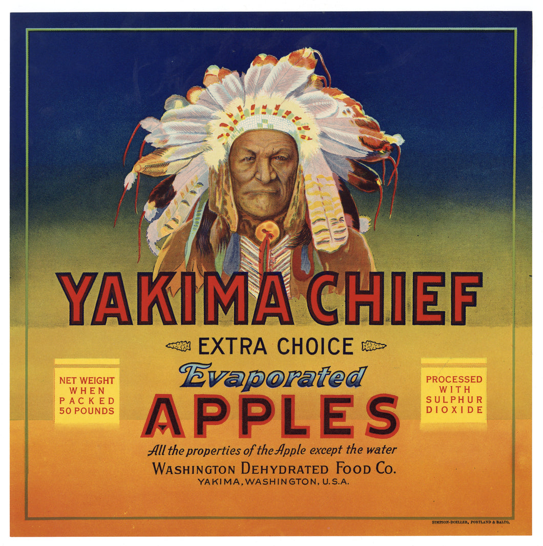 Vintage, Unused YAKIMA CHIEF Evaporated Apple, Fruit Crate Label, Native American || Yakima, Wa.
