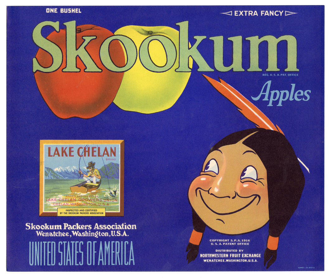 Vintage, Unused SKOOKUM Brand Apple Crate Label, Native American || Wenatchee, Wa.