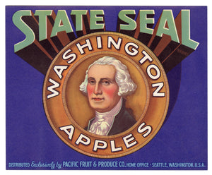 Vintage, Unused STATE SEAL Brand Apple Crate Label, George Washington || Seattle, Wa.