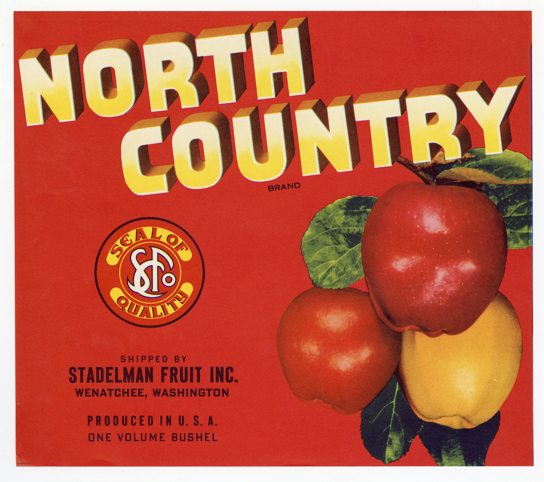 Vintage, Unused NORTH COUNTRY Brand Apple Crate Label || Wenatchee, Wa.