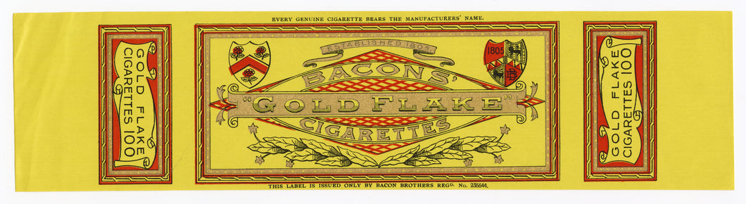 Antique, Unused BACON'S GOLDFLAKE CIGARETTE Package Label