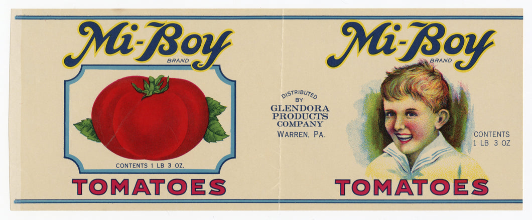 Vintage, Unused MI-BOY Brand Canned Tomato Label || Warren, Pa.