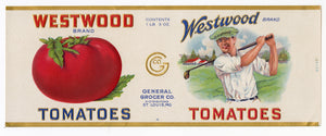 Vintage, Unused WESTWOOD Tomato Can Label, Golfer || St. Louis, Mo.