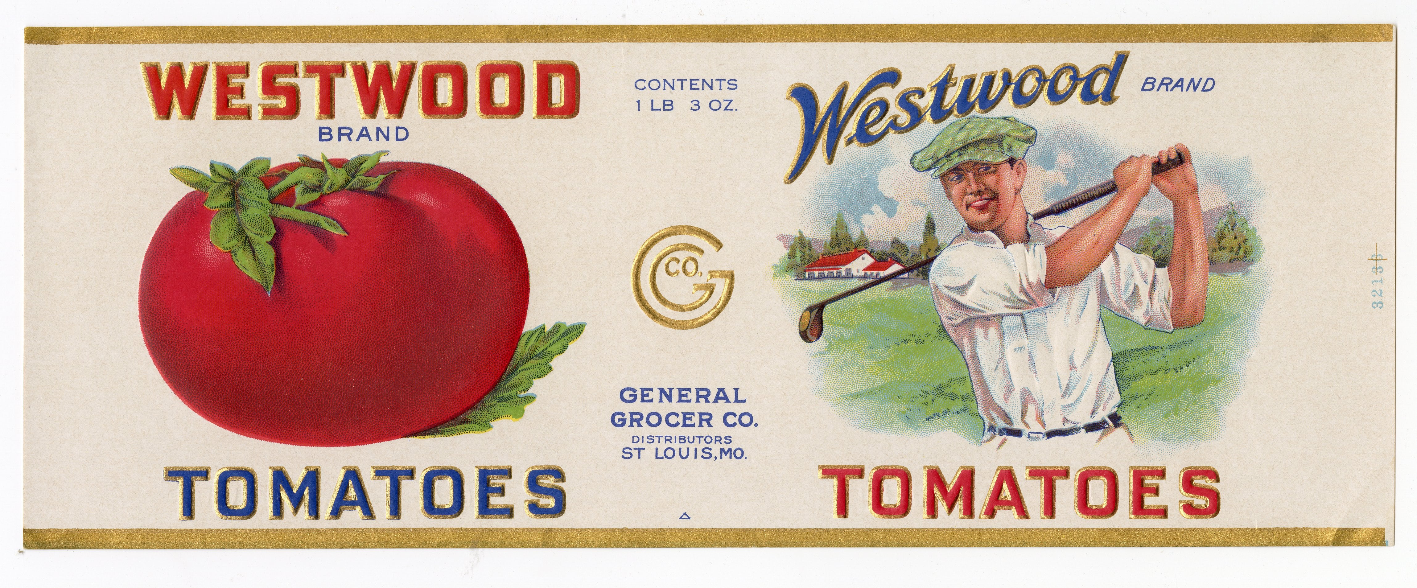 Vintage, Unused WESTWOOD Tomato Can Label, Golfer || St. Louis, Mo