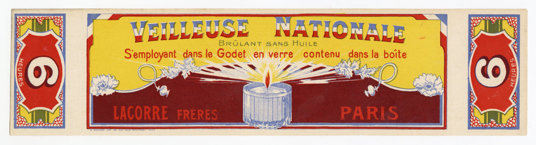 Vintage, Unused, French VEILLEUSE NATIONALE Candle Box Label