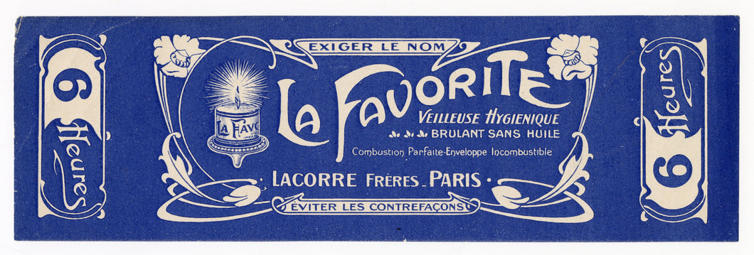 Antique, Unused, French Art Nouveau LA FAVORITE Brand Candle Box Label || Paris