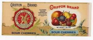 Vintage, Unused GRIFFON Brand Sour Cherries, Fruit Can Label || San Francisco, Ca.