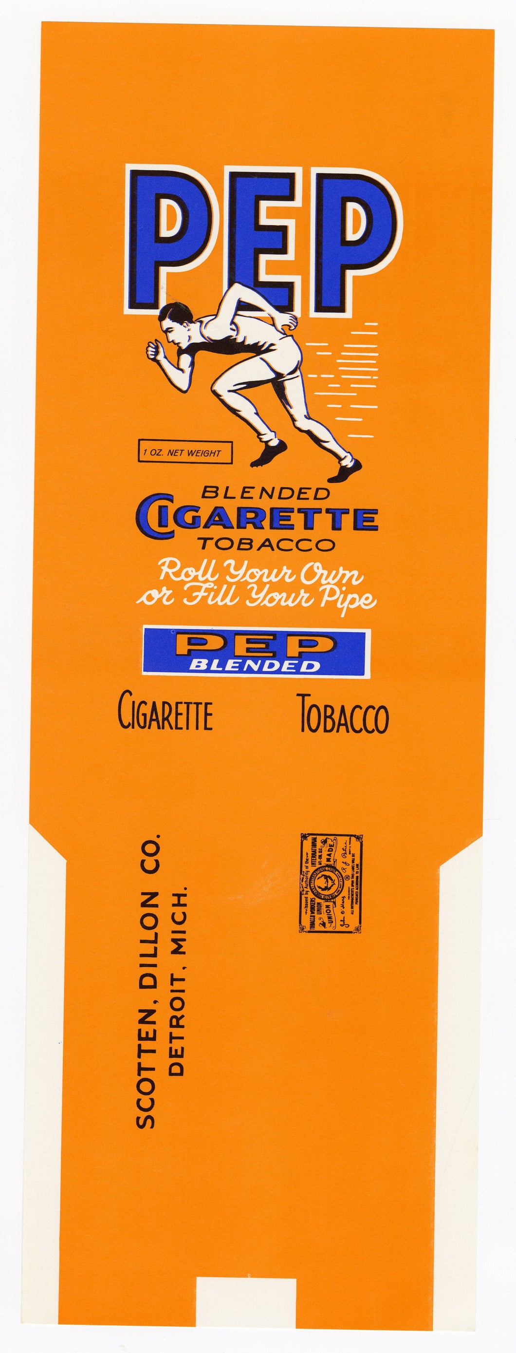 Vintage, Unused PEP Brand Cigarette Tobacco Label, Athlete, Runner || Detroit, Mich.