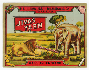 Vintage, Unused Indian JIVAS YARN Label, Elephant, Lion || Madras, India