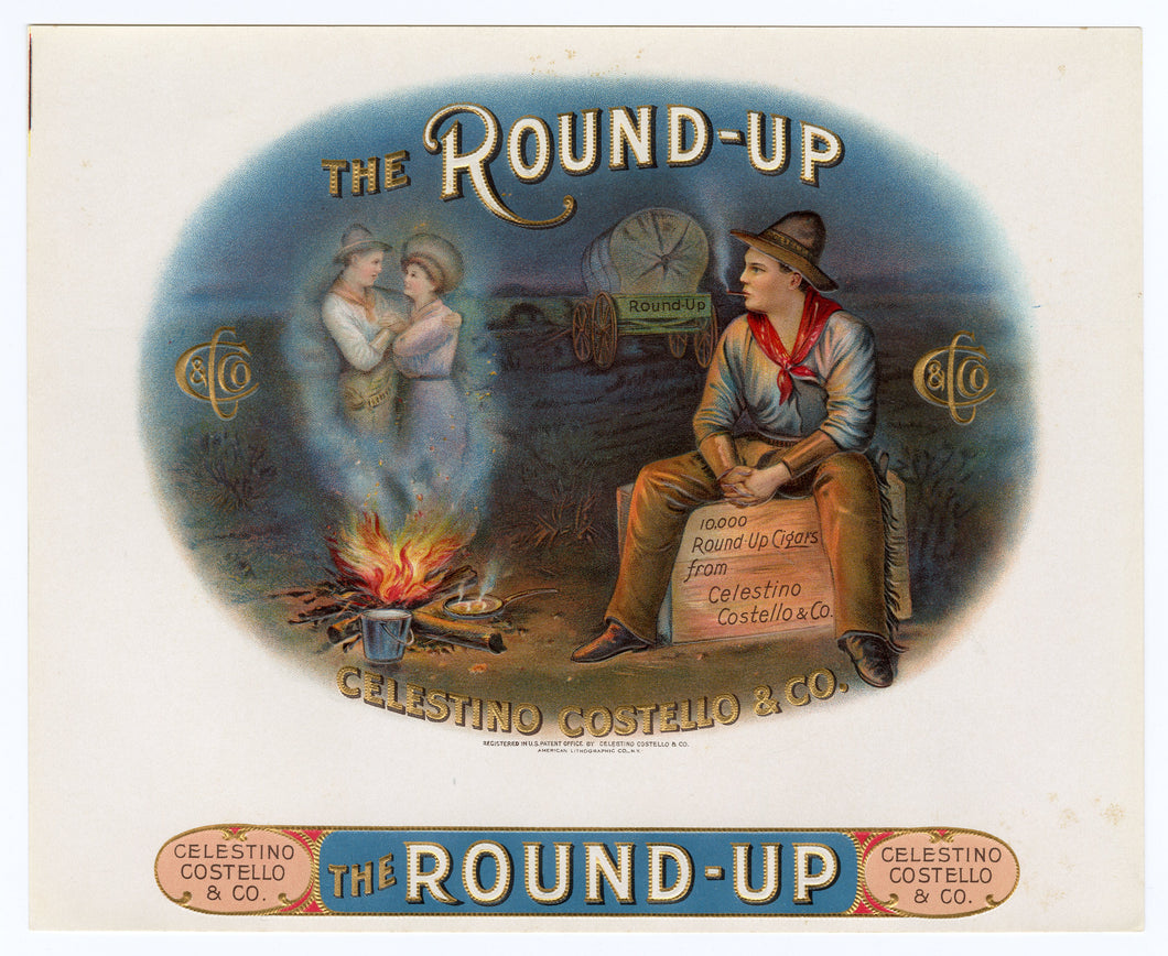 Antique, Unused THE ROUND-UP Brand Cigar, Tobacco Crate Label SET, Pioneer, Cowboy