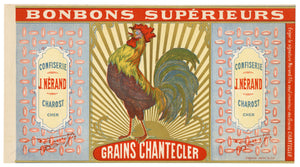 Antique, Unused, French GRAINS CHANTECLER Bonbon, Candy Box Label, Chicken