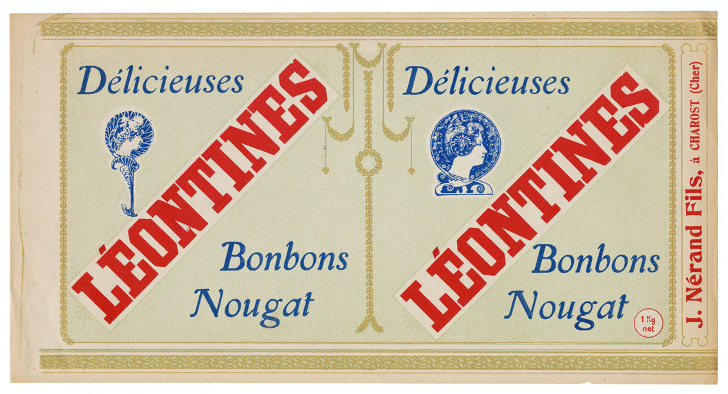 Vintage, Unused, French Art Nouveau LEONTINES NOUGAT BONBON Candy Label