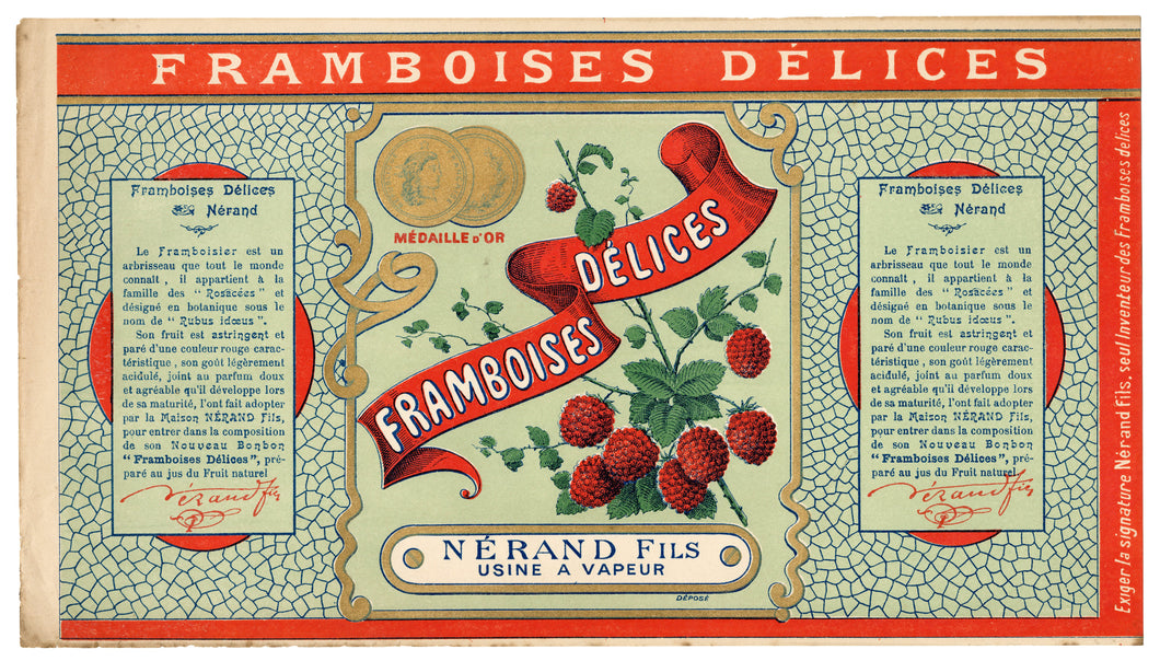 Antique, Unused, French Art Nouveau FRAMBOISES DELICES Raspberry Candy Box Label