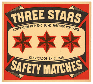 LARGE Antique, Unused THREE STARS Safety Match Crate Label