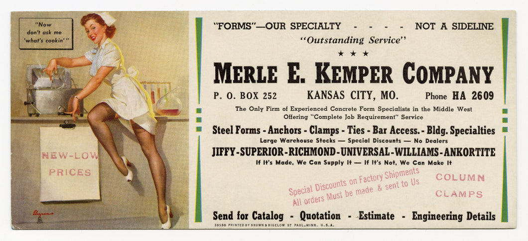 Vintage, Unused MERLE E. KEMPER CO. Blotter, Lunch Lady Pinup, Gil Elvgren