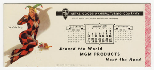 Vintage, Unused Jan. 1954 METAL GOOD MFG. CO. Blotter, Gil Elvgren Pinup Jester Girl