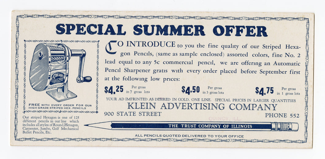 Antique, Unused KLEIN ADVERTISING Co. Pencil and Sharpener Blotter || Quincy, Ill.