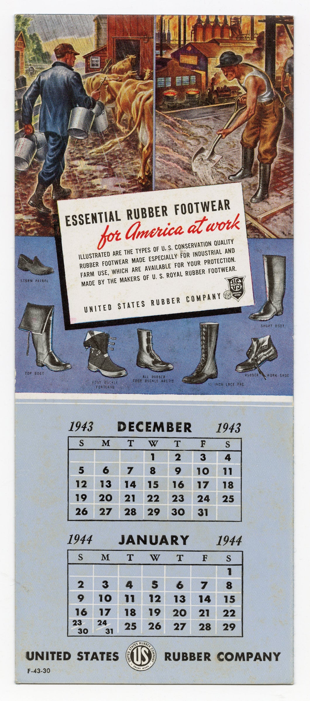 Vintage, Unused Dec. 1943-1944 US RUBBER CO. Footwear Advertising Blotter, Vintage Workwear