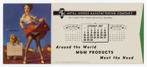 Vintage, Unused Sept. 1952 METAL GOOD MFG. CO. Naughty Blotter, Gil Elvgren Autumn Breeze Pinup Girl