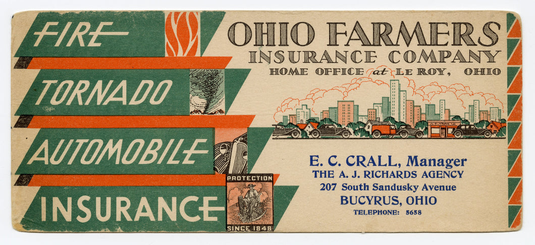 Vintage 1920's Art Deco OHIO FARMERS INSURANCE CO. Blotter || Bucyrus, Ohio