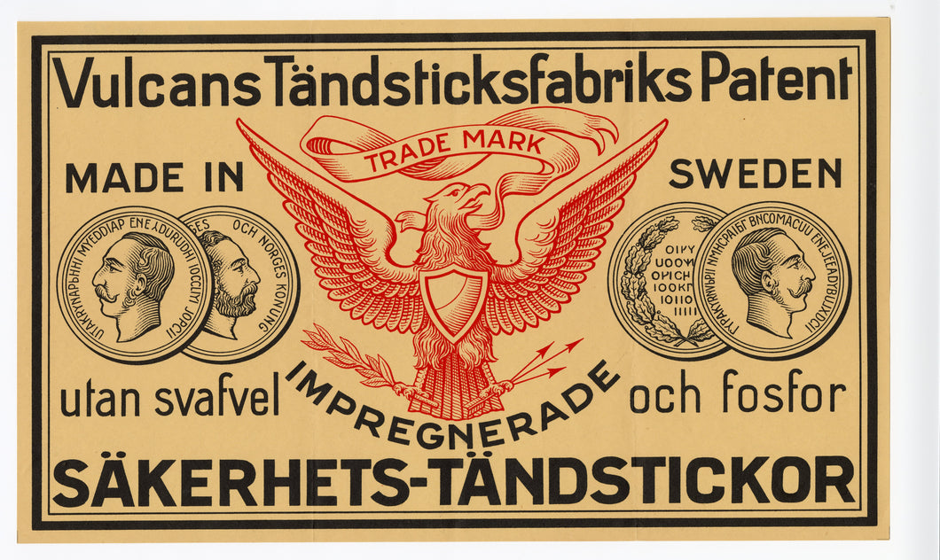 Antique, Unused, Swedish Matchbox Crate Label, Eagle