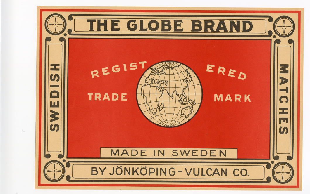 Antique, Unused, Swedish THE GLOBE BRAND Safety Match Crate Label