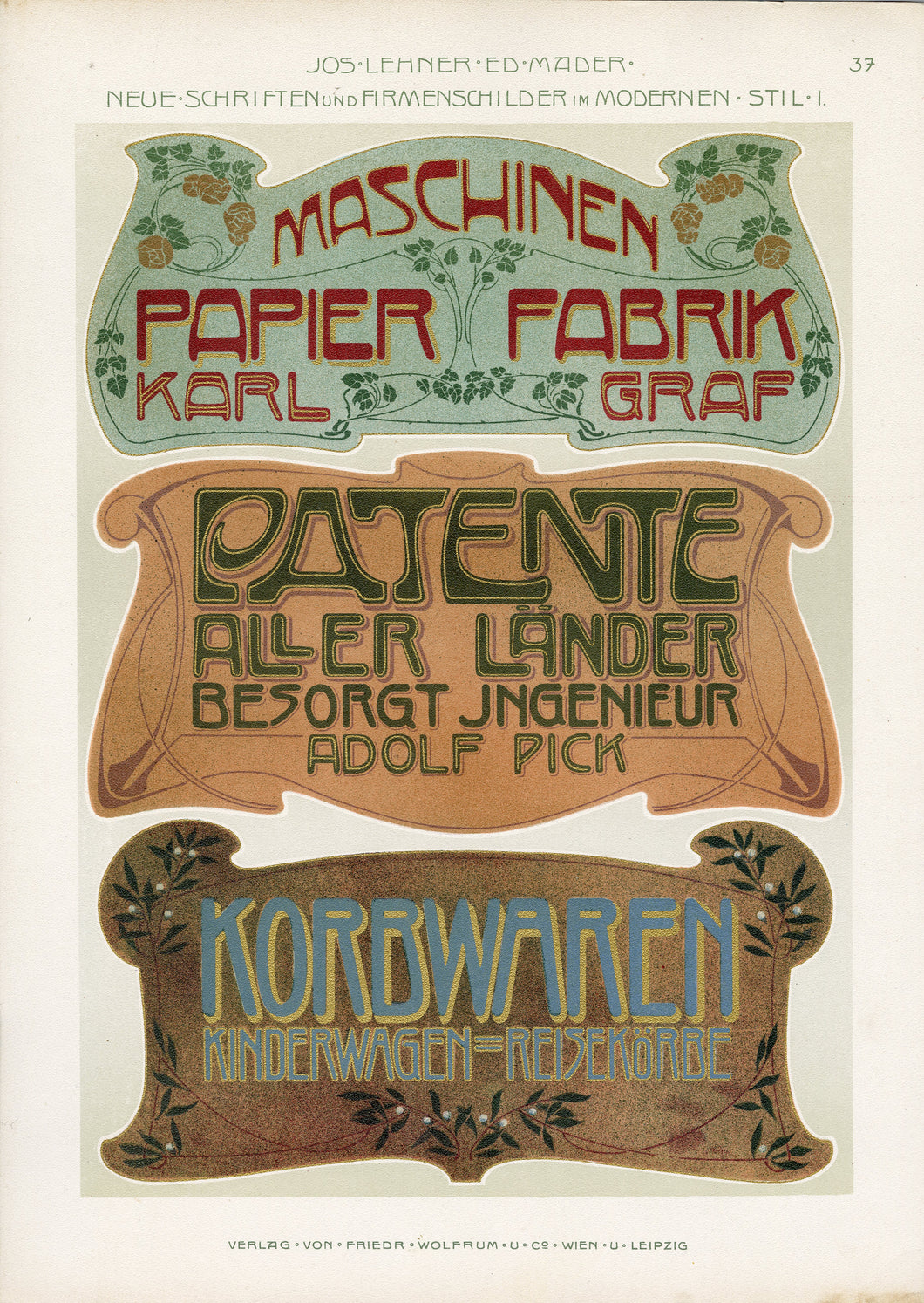 Antique German Art Nouveau Printing Sample Plate/ Page, Modern Fonts and Signs