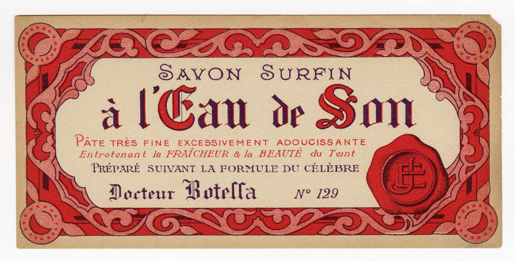 Vintage, Unused, French A L'EAU DE SON Cosmetic Box Label, Red Seal