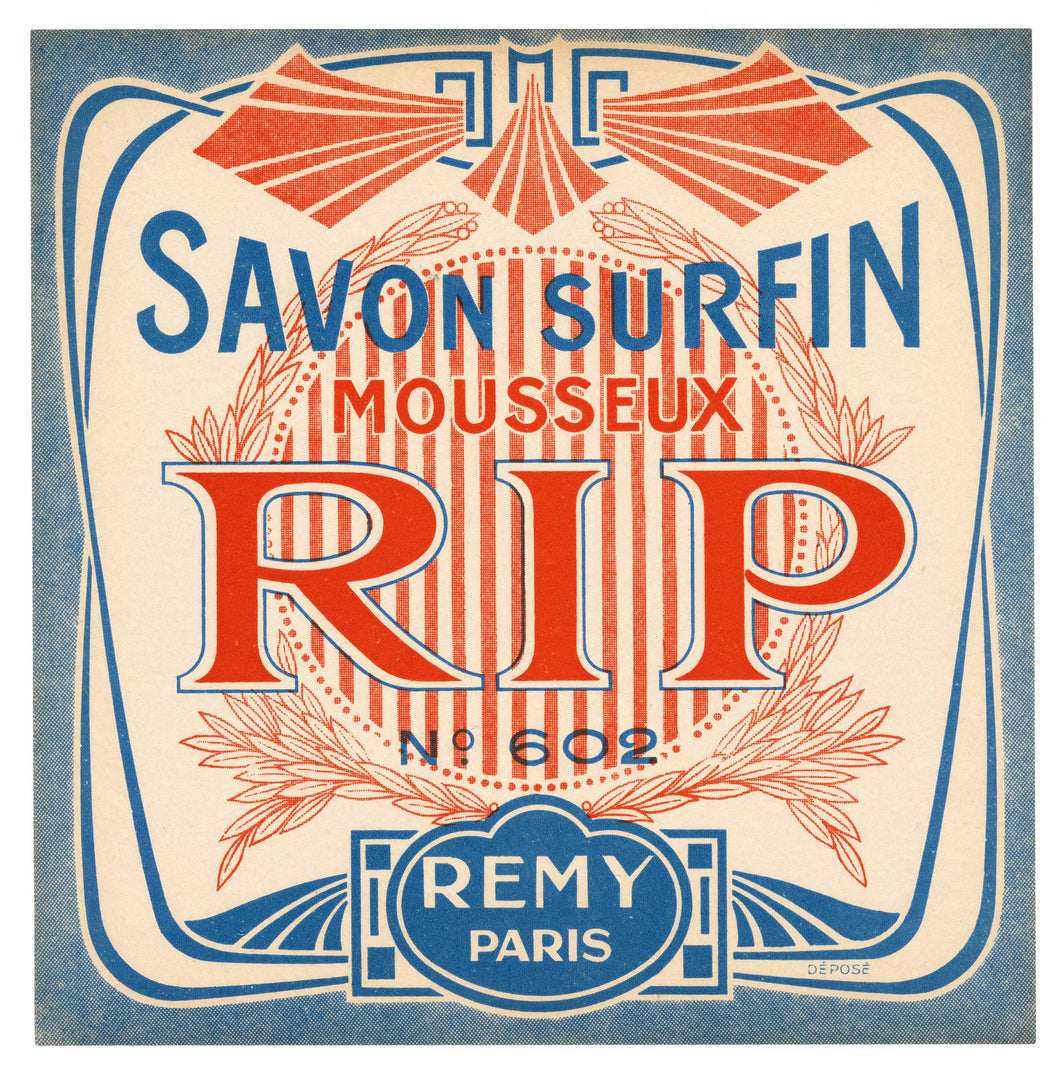 Vintage, Unused, French Art Deco MOUSSEUX RIP Soap Box Label, REMY